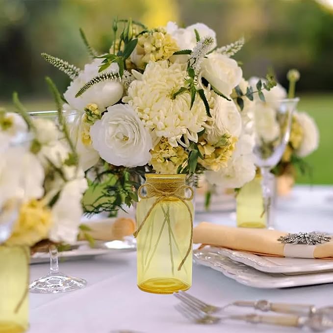 Vintage Glass Flower Vase，6 Pack Gold Amber Farmhouse Glass Centerpiece Vases Mason Jars for Weddings, Parties & Home Decor Bulk (6, Gold)-VerdiqueGarden