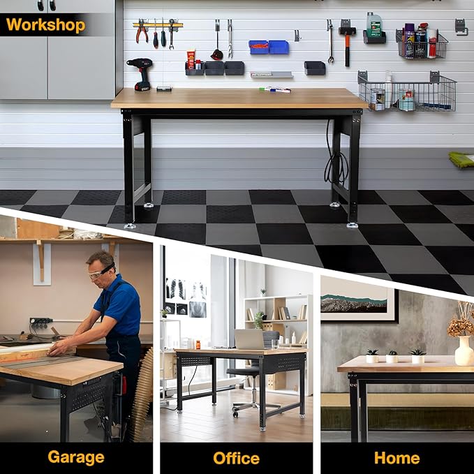 48" L×24”W Adjustable Workbench, 28”-40”Heights Heavy Duty Table 2000 LBS Load Capacity, Work Bench with Power Outlet & Pegboard, Rubber Wood Work Table for Garage, Office, Workshop, Home-VerdiqueGarden