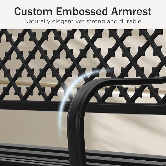 PHI VILLA 50" Outdoor Garden Patio Metal Bench for Outdoors with Plastic Backrest Armrests Sturdy Steel Frame, Black-VerdiqueGarden