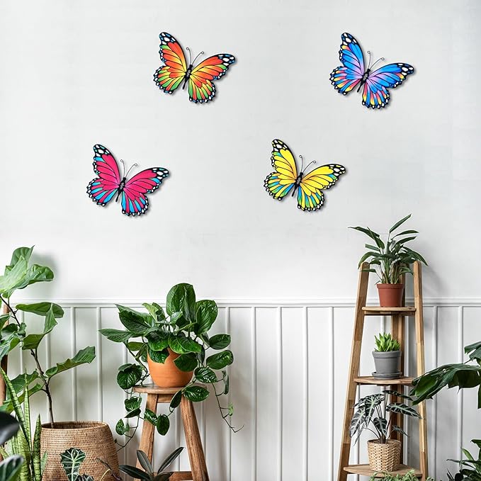 Oraytteo Metal Butterfly Wall Outdoor Decor - 4pcs 9.8inch Hanging Butterflies Wall Art Sculptures for Indoor and Outdoor Fence Patio Yard Home Wall Decorations, Gift for Mom Dad Friends-VerdiqueGarden