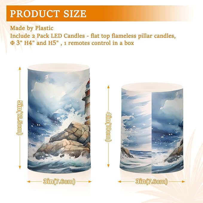 Flickering Flameless Candles, Lighthouse Ocean LED Candles with Remote Timer, Set of 2 Battery Operated Candle for Valentine Wedding Birthday-VerdiqueGarden