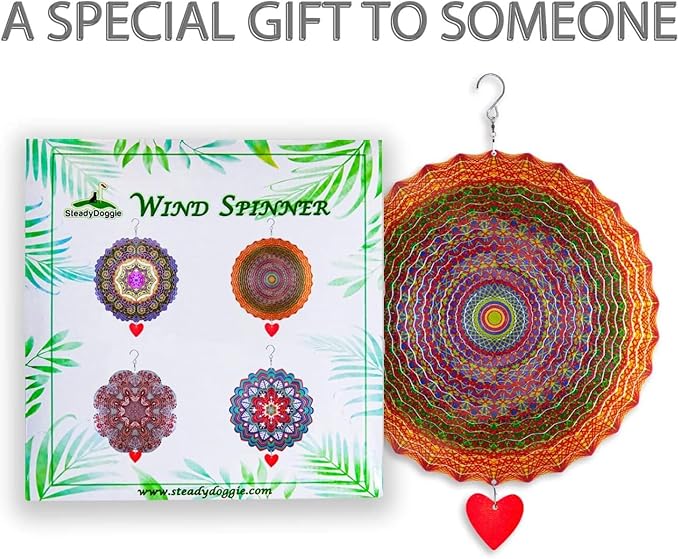 SteadyDoggie 12-Inch Wind Spinner Mandala Thangka - 3D Stainless Steel Laser Cut Metal Art - Reflective Geometric Pattern Kinetic Yard Decoration - Hanging Wind Spinners for Indoor and Outdoor Use-VerdiqueGarden