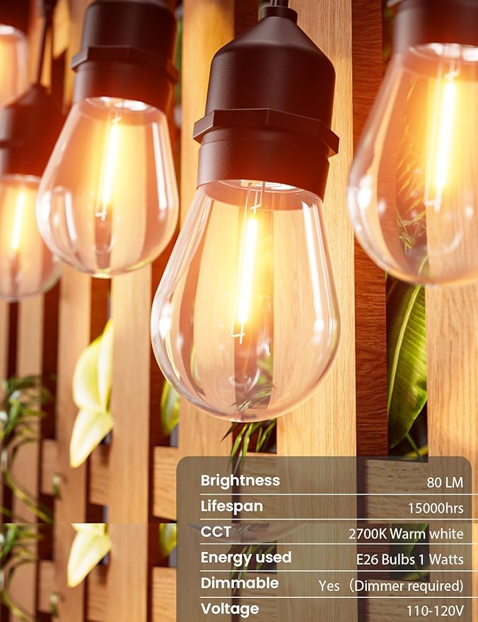 Svater Outdoor Led String Lights 25 FT, Patio Lights for Outside with 9pcs S14 Shatterproof Bulbs, 1 Watt E26 Dimmable, IP65 Waterproof, Commercial Grade Bistro Light 2700K Warm White-VerdiqueGarden