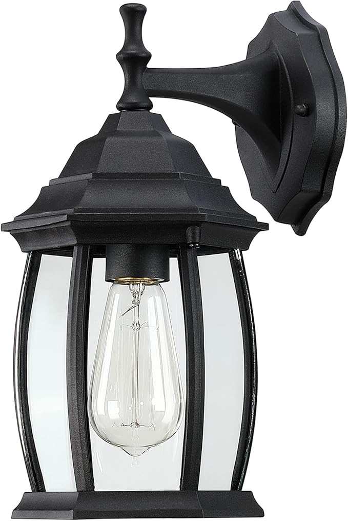 Pia Ricco Outdoor Wall Lights, Textured Black Exterior Light Fixtures with Clear Glass Shade, Waterproof Front Porch Lighting, Modern Sconces Lantern for Outside, House, Garage, E26 Socket, ETL Listed-VerdiqueGarden