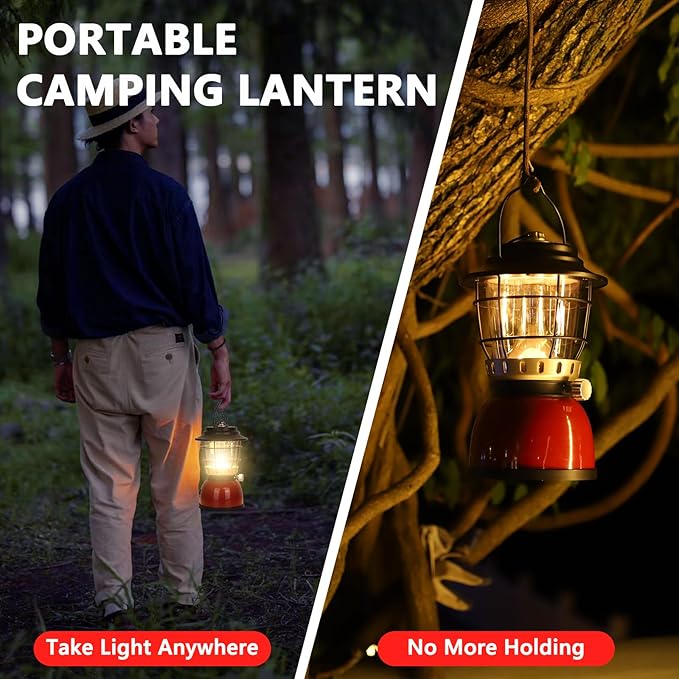 LED Camping Lantern Rechargeable Stepless Dimming Vintage Tent Lamp, 4000mAh Power Bank, IPX5 Waterproof Portable Hanging Camping Tent Light for Camping Hiking Emergency and Power Outage-VerdiqueGarden