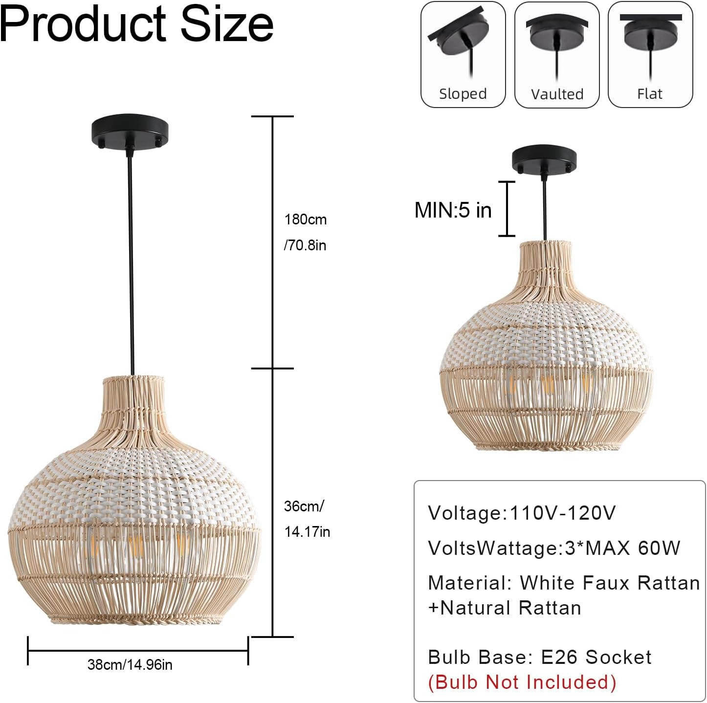15" Rattan Pendant Light Fixture,3-Light Hand-Woven White Wicker Basket Chandelier Boho Faux Rattan Hanging Lamp,for Dining Living Bedroom Kitchen 1-Pack-VerdiqueGarden