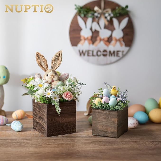 NUPTIO Wooden Box for Centerpiece Wedding: 6 Pcs Rustic Square Planter Box for Christmas Centerpiece Table Fall Decorations - 4×4" & 5×5" Small Wood Vases Flower Pots for Windowsill Home Garden Decor-VerdiqueGarden