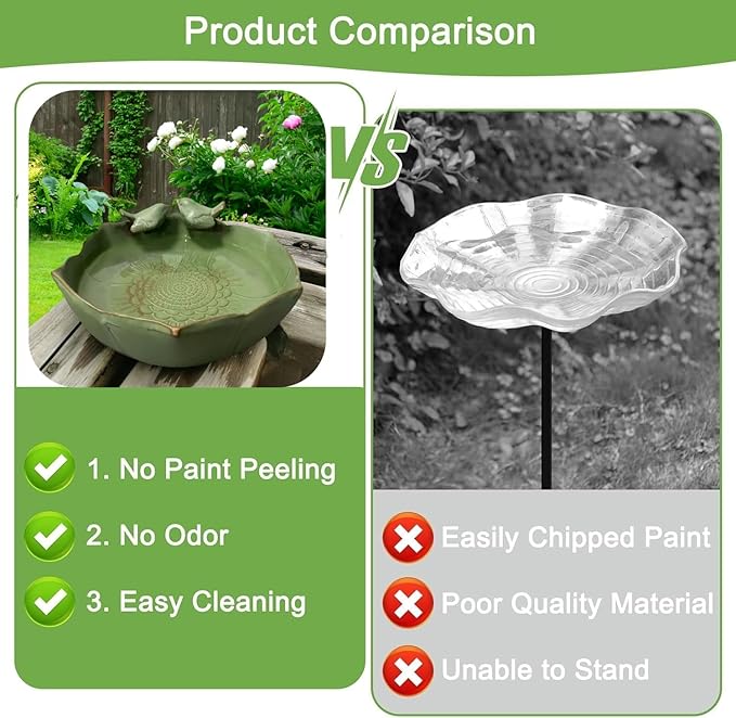 Bird Bath for Outside on Ground, 10 in Ceramic Birds Bath Bowl, Handmade Ground Bird Feeders and birdbath for Outdoors for Outdoors, Garden, Tabletop, Balcony and Lawn (Big - deep)-VerdiqueGarden
