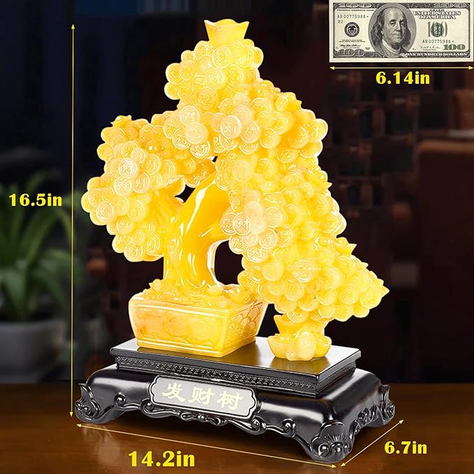 FENGSHUI-CAISHEN Top Resin Money Tree, Artificial Bonsai Tree, Handcrafted, Premium Quality, Feng Shui Gift for Abundance Luck and Success (Yellow)-VerdiqueGarden