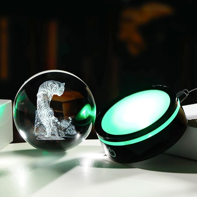 YWHL 3D Tiger Figurine Crystal Ball with Colorful Light Base, Tiger Gifts for Women Men, 3D Laser Engraved Full Sphere Glass Decorative Ball for Home Office (80mm)-VerdiqueGarden