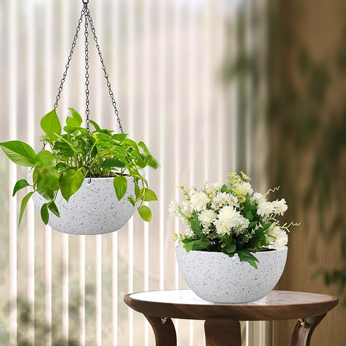 10 inch Hanging Planters for Indoor Outdoor Plants, 2 Pack Hanging Flower Pots with Drainage Holes and Chain for Garden Porch, Plastic Hanging Baskets for House Plants, Speckled White-VerdiqueGarden