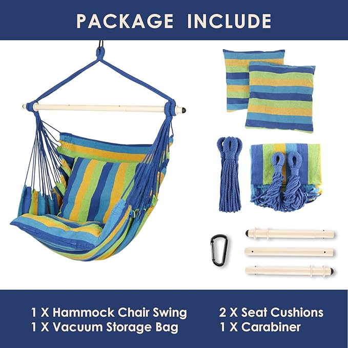 Highwild Hammock Chair Hanging Rope Swing - Max 500 Lbs - 2 Cushions Included - Steel Spreader Bar with Anti-Slip Rings - for Any Indoor or Outdoor Spaces (Blue Striped)-VerdiqueGarden