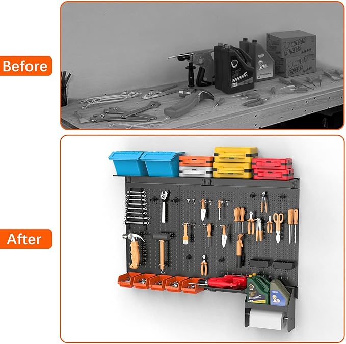 TORACK Metal Pegboard Wall Organizer 4ft Wide, Tool Storage Pegboard System for Garage with Accessories, Wall Mount Storage Bins, Shelves, Peg board Tool Organizer Kit for Workbench(Black)-VerdiqueGarden