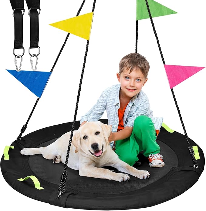 Tree Swing, Saucer Flying Swing 40 Inch for Kids, 900lbs Weight Capacity, with Adjustable Hanging Straps, Swing Sets for Backyard, for Indoor and Outdoor Playground, Black-VerdiqueGarden