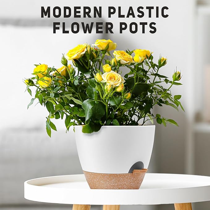 12 Inch Large Self Watering Plant Pot Set, Flower Pots with Multi-Mesh Drainage Holes and Saucer, Suitable for Indoor and Outdoor Garden Plants, White.-VerdiqueGarden