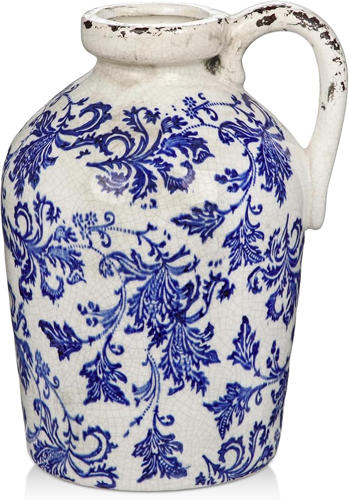 Ceramic Rustic Farmhouse Vase, 9 inch Ceramic Blue and White Vase for Centerpieces Pampas Grass Pottery Jug with Handle Boho Chinoiserie Decor Vintage Vases for Living Room Kitchen Dinner Table Shelf-VerdiqueGarden