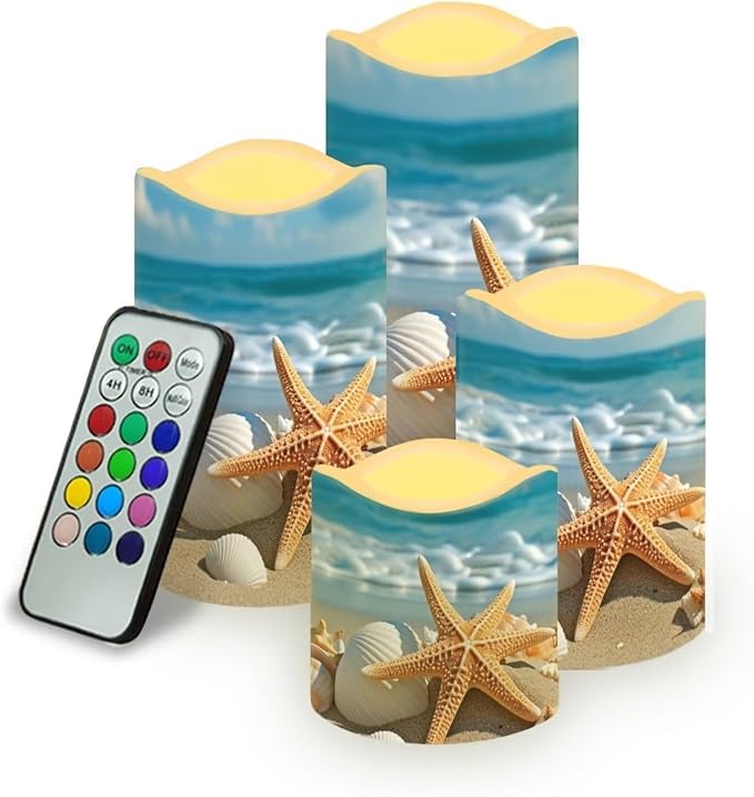Ystardream Beach Starfish Flameless Candles with Remote Battery Operated Candles Realistic LED Candles with Remote and Timer Set of 4 for Valentines Home Wedding Birthday Decoration-VerdiqueGarden