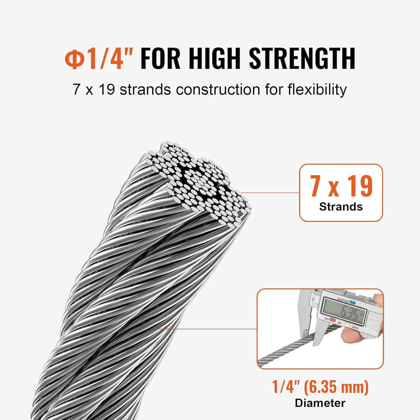 VEVOR Wire Rope, 1/4" 250 ft Zinc Galvanized Carbon Steel Cable with Gloves, 7000 lbs Breaking Strength, 7 x 19 Strands Construction Marine Aircraft Grade for Handrail Stair Decking Fence Outdoors-VerdiqueGarden