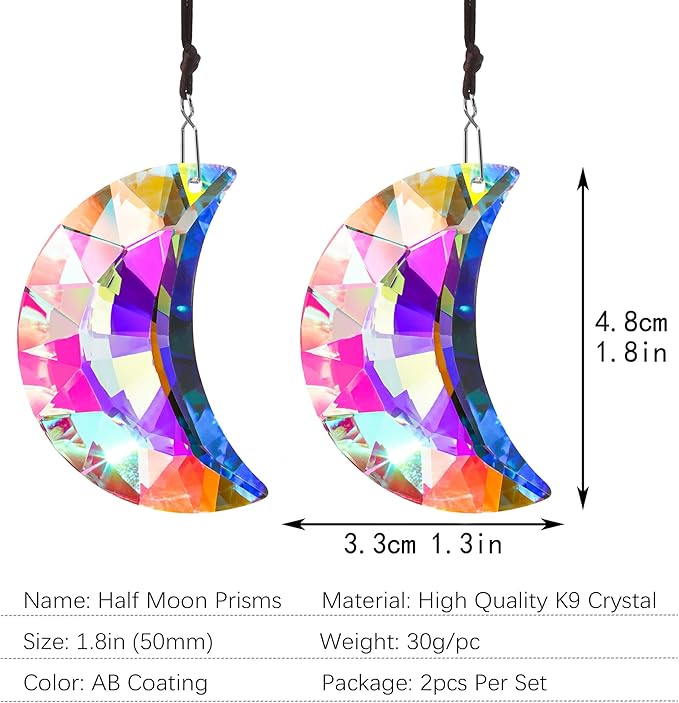 HDCRYSTALGIFTS 2pcs 50mm Crystal Prisms Sun Catchers,Half Moon Drop Hanging Suncatchers for Windows, Rainbow Maker Crystals Decoration-VerdiqueGarden