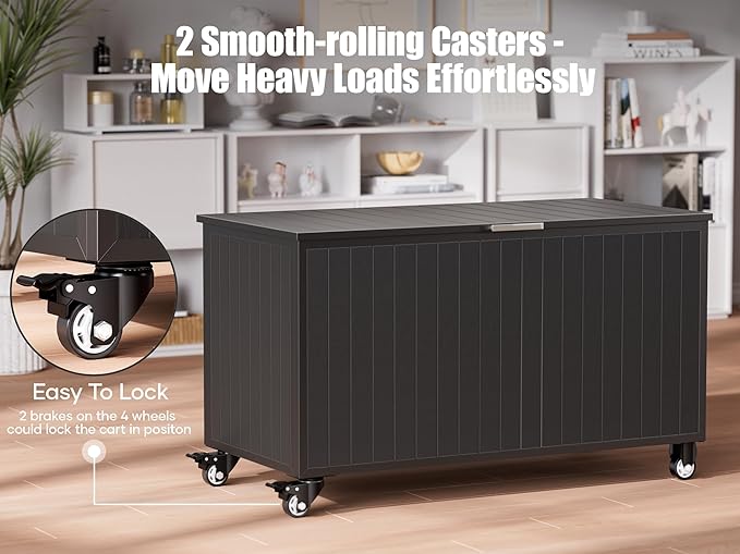 Outdoor Storage Box with Wheels 135 Gallon, Mobile Waterproof Aluminum Deck Box, UV Resistant Patio Storage Box with Lid for Patio Furniture, Garden Tools (Black)-VerdiqueGarden