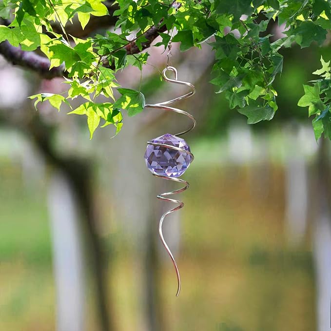 Fonmy Gazing Ball Spiral Tail -Decorative Wind Spinner Sun Catcher Rainbow Maker 11 inch Tail and 2 inch Purple Crystal Orb. Indoor Outdoor Garden Decoration -13 inch Height-VerdiqueGarden