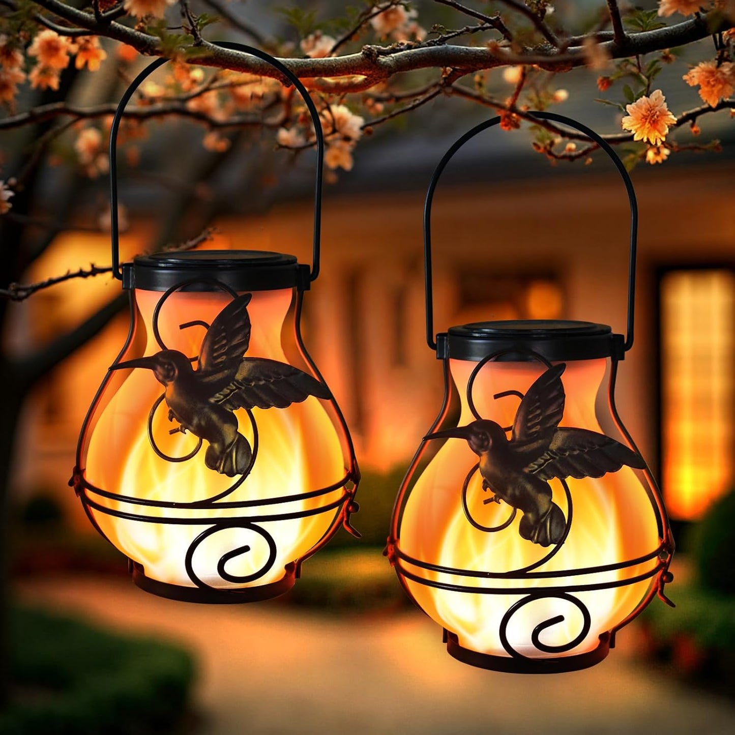 2 Pack Solar Lanterns Outdoor Waterproof Flickering Flame Lights Hummingbird Metal Hanging Solar Lantern Patio Porch Garden Decoration-VerdiqueGarden