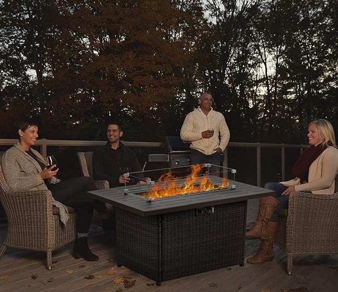 Propane Fire Pit Table,44 Inch 55000 BTU Outdoor Gas Fire Pit Rectangular with Glass Wind Guard for Outside Patio Deck (Brown-Aluminum Top)-VerdiqueGarden