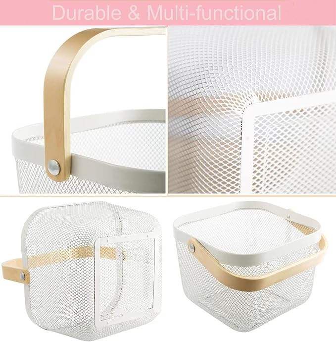 Metal Mesh Steel Basket, Storage Organizer Basket Multi-functional Hanging Kitchen Baskets Fruit Basket Bin with Bamboo Handle for Kitchen Bathroom Picnic Shopping Decor Cabinet Home, White-VerdiqueGarden