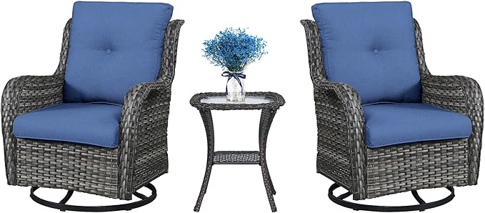 Patio Swivel Rocking Chairs - Outdoor Wicker Glider Swivel Rcoker, 3 Pieces Patio Wicker Furniture Sets for Porch Includes 2 Swivel Rocking Chair and 1 Side Table-VerdiqueGarden