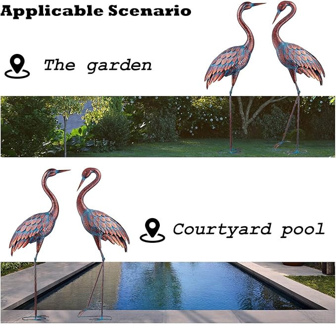 Kircust Garden Crane Statues Patina Heron Decoy, Standing Metal Crane Sculptures Bird Yard Art for Outdoor Decor, 47-48 Inch, Set of 2-VerdiqueGarden