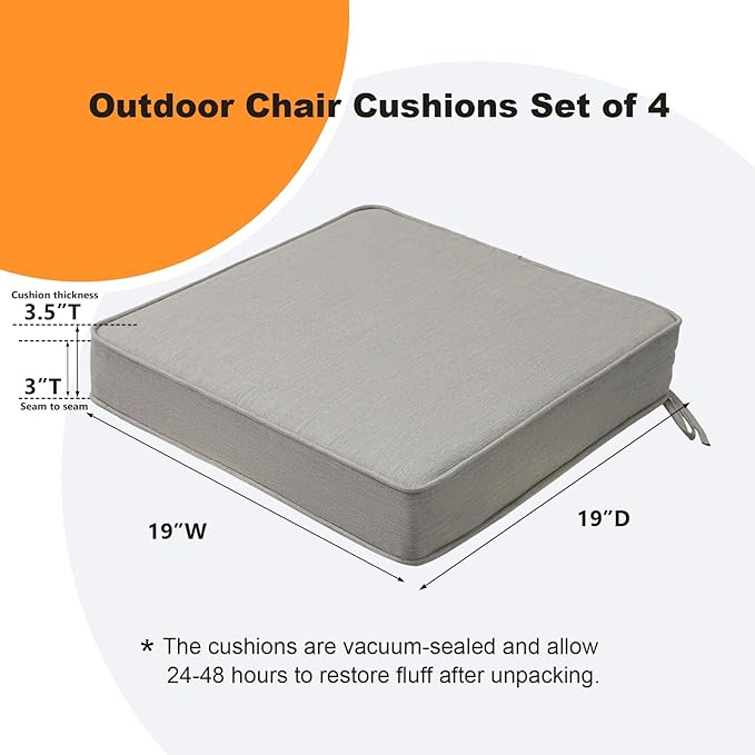 Sunbrella Square Corner Seat Cushions, 19" x 19" x 3", Set of 4, Indoor Outdoor Water Repellent Universal Chair Pads with Ties for Patio Furniture, Garden Dining Chairs, Specrtum Pebble-VerdiqueGarden