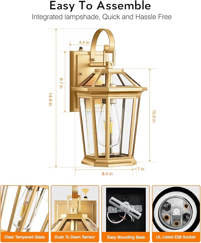 VIANIS Outdoor Porch Lights Wall Mount, Dusk to Dawn Exterior Light Fixture for House, 100% Anti-Rust Aluminum Waterproof Porch Light Outside Wall Lights, Gold Wall Sconce Lanterns for Garage-VerdiqueGarden