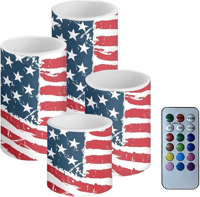 Flameless Electric Candles Decoration Lamp with Remote Timer Control Long Lasting for Fourth of July Party Decoration Home Indoor Outdoor Decor Pack of 4, American Flag Fashion-VerdiqueGarden