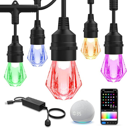 XMCOSY+ Smart Outdoor String Lights - 64ft RGBCWIC Patio Lights with 24 Color Changing Bulbs, LED String Light for Outside Backyard Bistro Party, APP WiFi Control, Work with Alexa, IP65 Waterproof-VerdiqueGarden