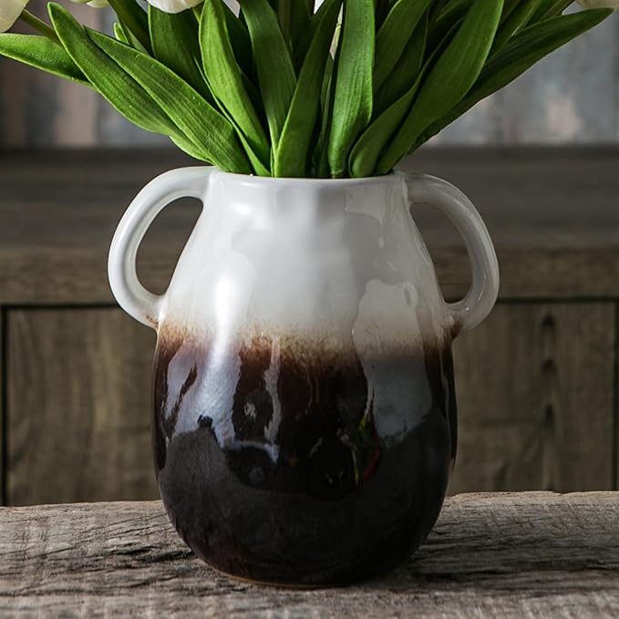 White Gradient Ceramic Vase with 2 Handles, Modern Farmhouse Decor, Rustic Terracotta Pottery, Decorative Flower Vases, Clay Small Vase, Centerpiece for Dining Table - 7 Inch Tall-VerdiqueGarden