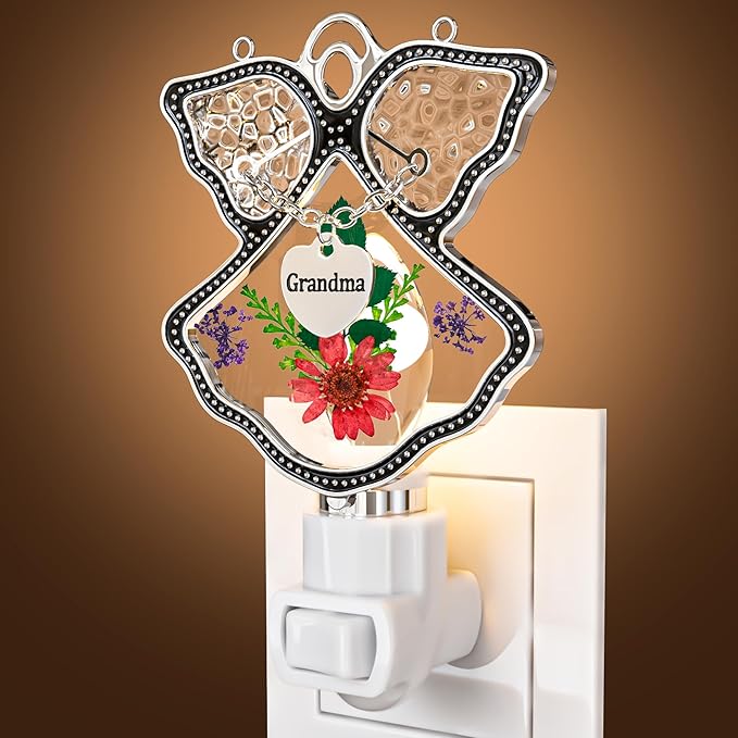 KY&BOSAM Night Light Grandma Stained Glass Angel Night Lights Plug Into Wall with Real Flower in Glass and Metal Charm Night Light for Nursery Bedroom Bathroom Accent Lite Elegant Home Decoration-VerdiqueGarden