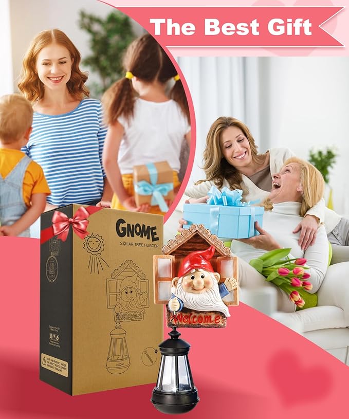 Gnome Tree Hugger with Solar Lantern - 10.6 Inch Resin Gnome Statue for Outdoor Garden Decor, Ideal Gnome Gifts and Gnome Statue Outdoor for Gnome Lovers-VerdiqueGarden