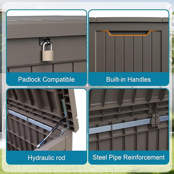 230 Gallon Resin Deck Box, Lockable Patio Outdoor Storage Box for Furniture, Garden Tools and Tools Storage, Waterproof Outside Storage Boxes - Grey-VerdiqueGarden