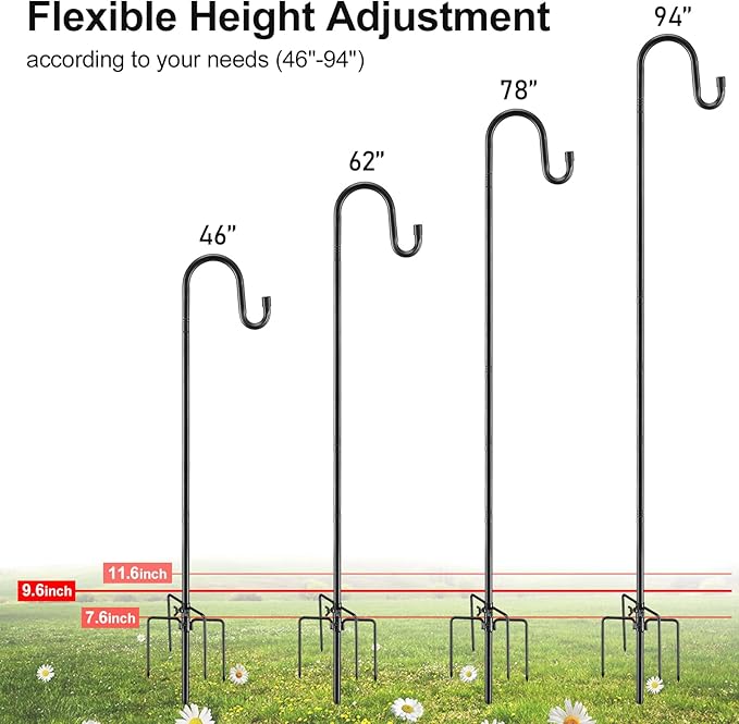 Bird Feeder Pole, 62 Inch & 5/8 Inch Diameter Stainless Steel Heavy Duty Shepherds Hooks for Outdoor to Hang Outdoor Lights with 5 Prongs Base, Rustproof for Garden Decor or Wedding Decors(Black)-VerdiqueGarden