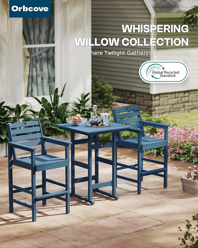 3-Piece Bar Height Patio Table and Chairs Set, HDPE Wood Grain Outdoor Bar Table and Chairs with Heart Cutout Design, Weather-Resistant Bar Height Furniture for Deck, Porch, Pool (Navy Blue)-VerdiqueGarden