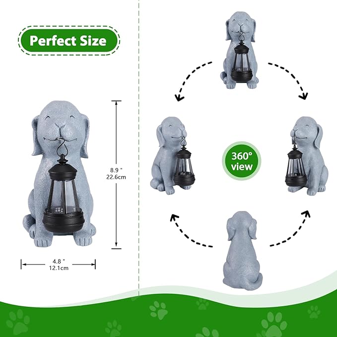 Solar Dog Statues for Garden Decorations Solar Garden Statues for Patio, Balcony, Yard Ornament Unique Housewarming Gifts Figurine Lights, Gray-VerdiqueGarden