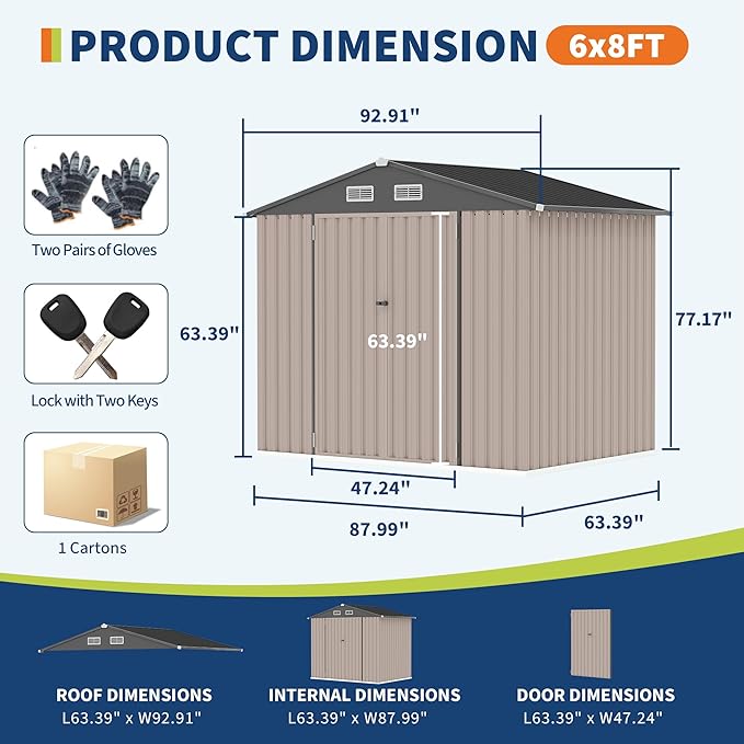 6x8 FT Metal Storage Sheds Outdoor with Floor, Metal Yard Sheds Garden Shed Kit, MetalTool Shed with Lockable Door, Metals UtilitySheds Buildings with Air Vent for Backyard Garden Patio Lawn-VerdiqueGarden