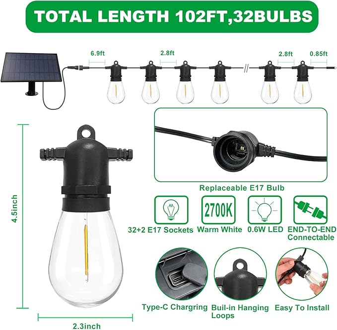 102(96+6) ft Solar String Lights Outdoor, Waterproof with USB Port Remote Control Solar Patio Lights,32 Shatterproof S14 Bulbs,1W Soft White-VerdiqueGarden
