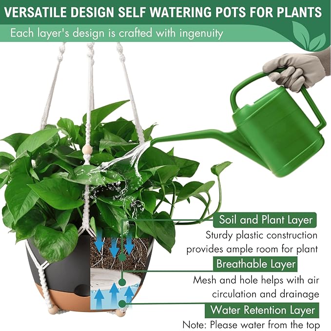 10 Inch Hanging Planters for Indoor Plants,Set of 2 Hanging Pots for Plants with Self-Watering, Outdoor Hanging Plant Pot with Drainage and 2 Kinds of Hanging Baskets Hangers for Home Decor and Garden-VerdiqueGarden