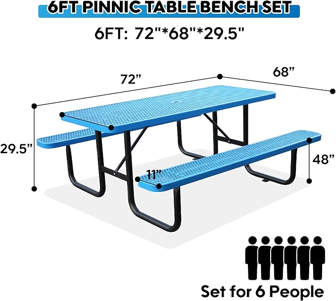 6FT Metal Picnic Tables for Outdoors, Commercial Rectangular Picnic Table and Bench Set for Outside, Patio, Garden, Backyard, Porch, Surface Mount, Blue-VerdiqueGarden