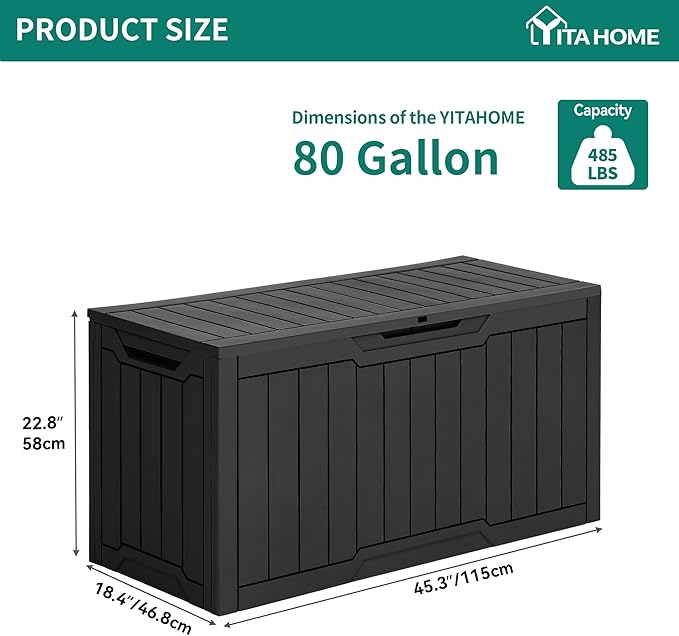 YITAHOME 80 Gallon Outdoor Storage Box, Large Water Resistant Resin Deck Box, Indoor Outdoor Lockable Storage Container for Patio, Garden, Cushions, Tools, Equipment (Black)-VerdiqueGarden