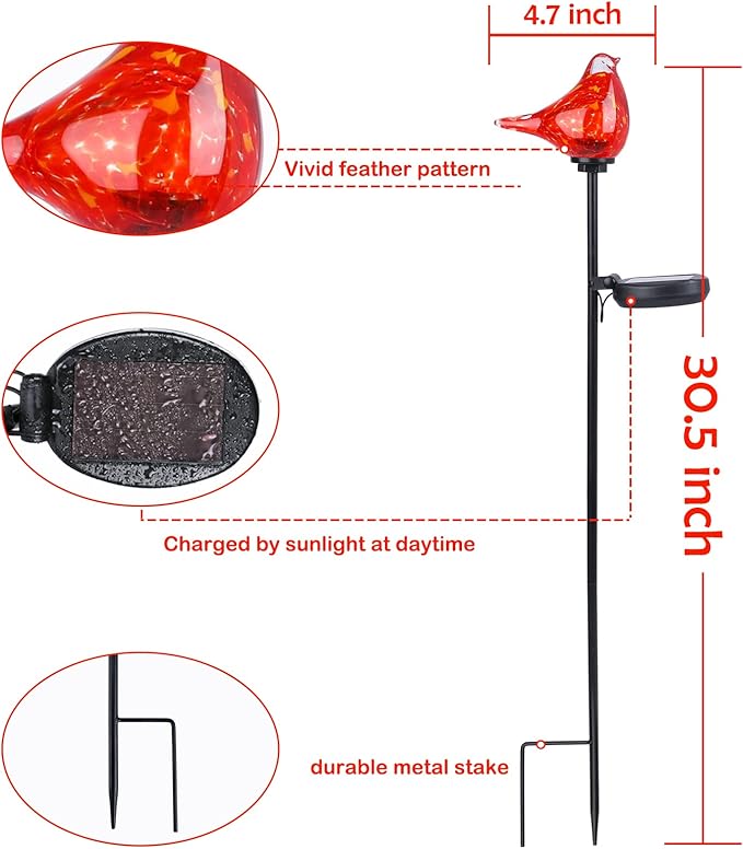 Afirst Solar Outdoor Lights - Decorative Solar Stake Lights Cardinal Handblown Glass Garden Stakes, Waterproof for Pathway Decoration, 2 Pack-VerdiqueGarden