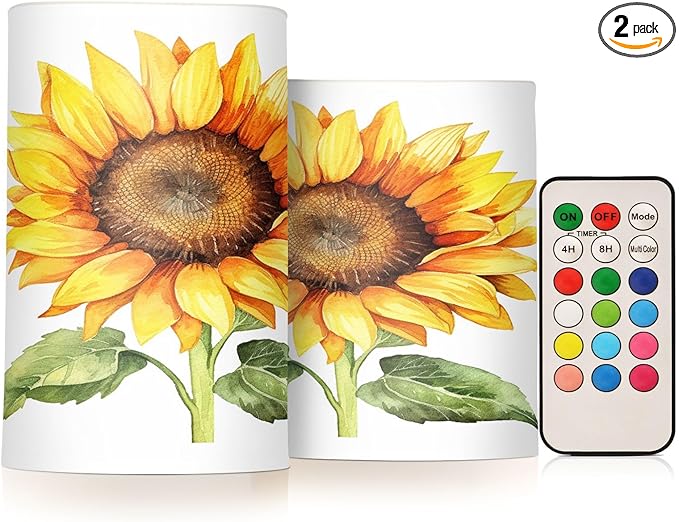Flickering Flameless Candles, Beautiful Sunflower LED Candles with Remote Timer, Set of 2 Battery Operated Candle for Valentine Wedding Birthday-VerdiqueGarden