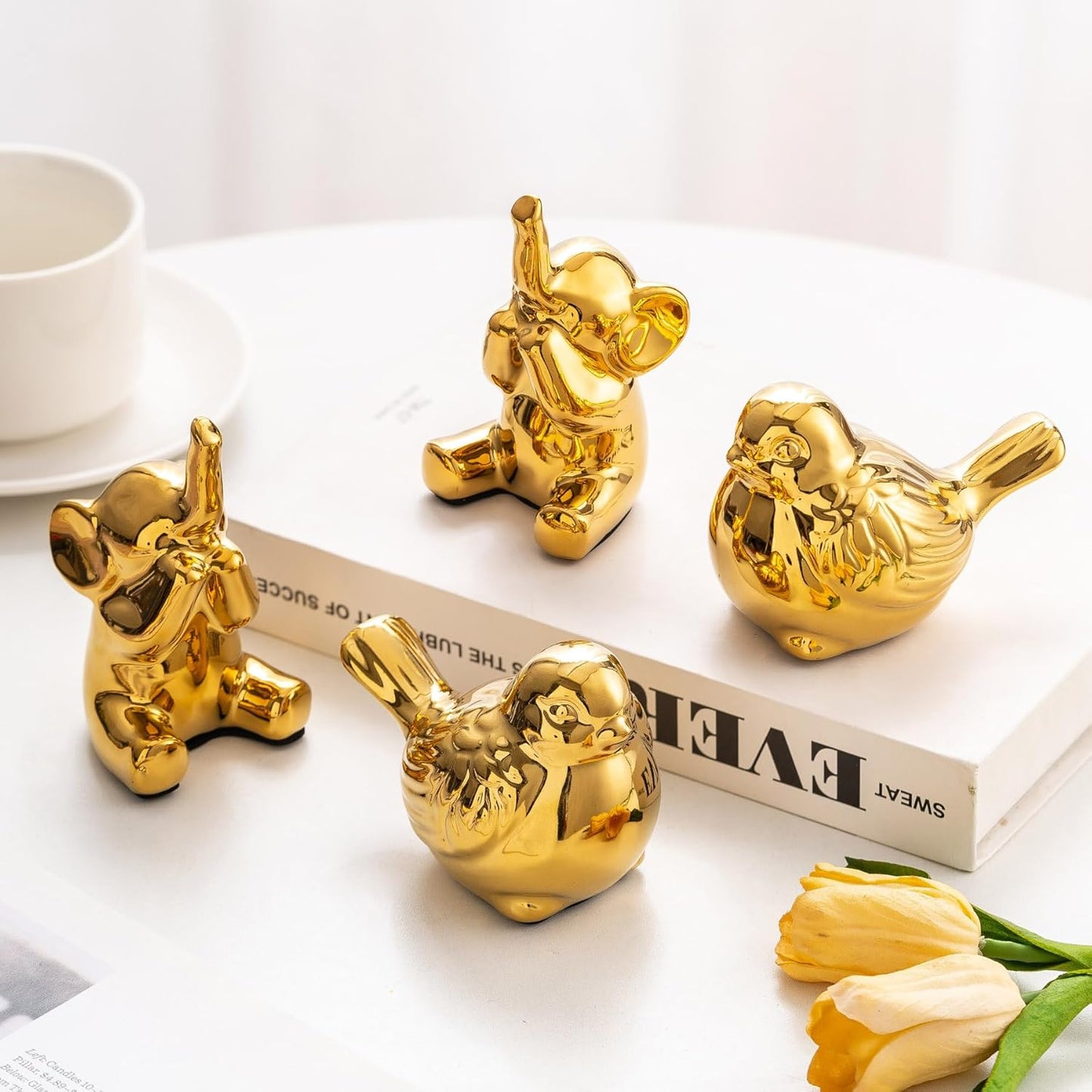 Set of 2 Small Birds Statues Gold Home Decor Modern Boho Style Figurine Decorative Ornaments for Living Room, Bedroom, Office Desktop, Cabinets, Shelf-VerdiqueGarden