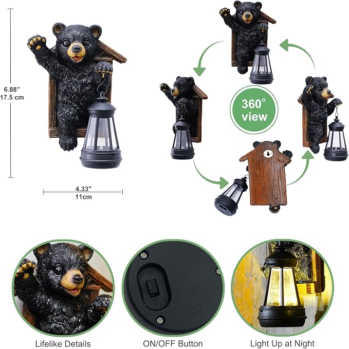 Black Bear Decor with Solar Lantern Tree Hugger - 7 Inch Bear Statue Outdoor Garden Yard Decor,Best Bear Garden Gifts for Mom,Women-VerdiqueGarden
